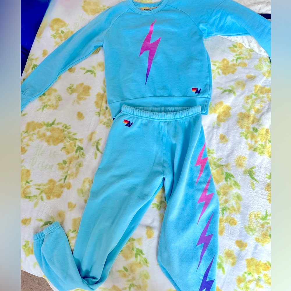 Aviator Nation Blue and Purple Lightning Bolt Sweatshirt and Pants Set